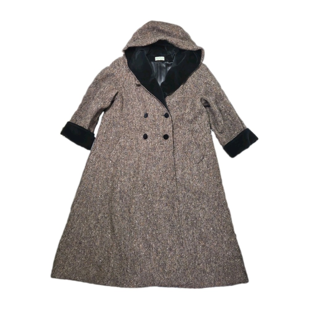 Vtg Jimmy Hourihan Coat Womens M Hooded Donegal Tweed Pure New Wool Velvet Lined